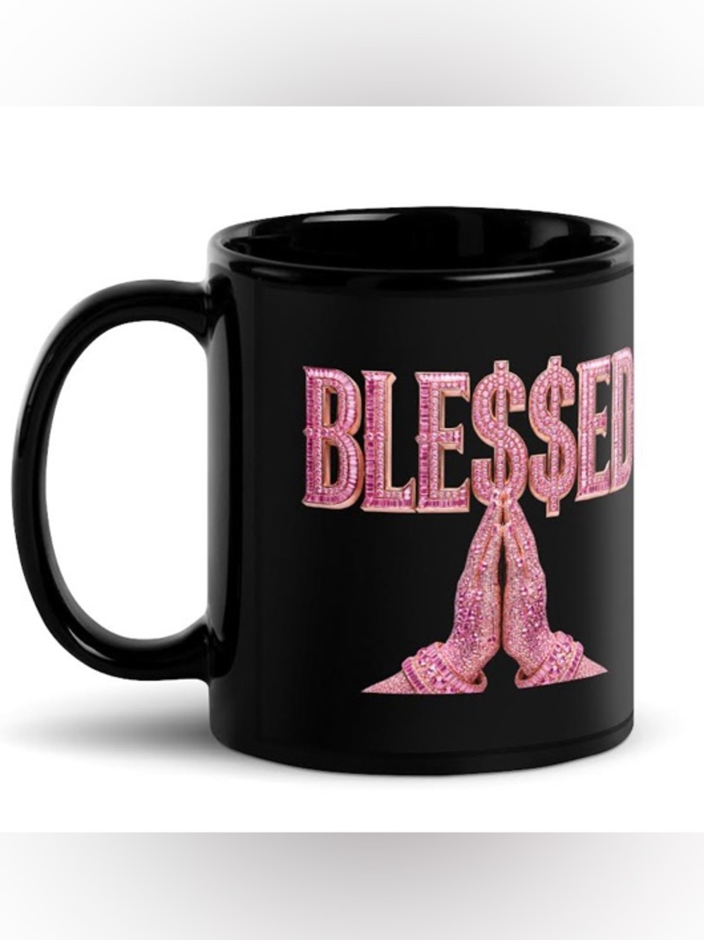 Black Mug with Pink "BLESSED" Design and Praying Hands